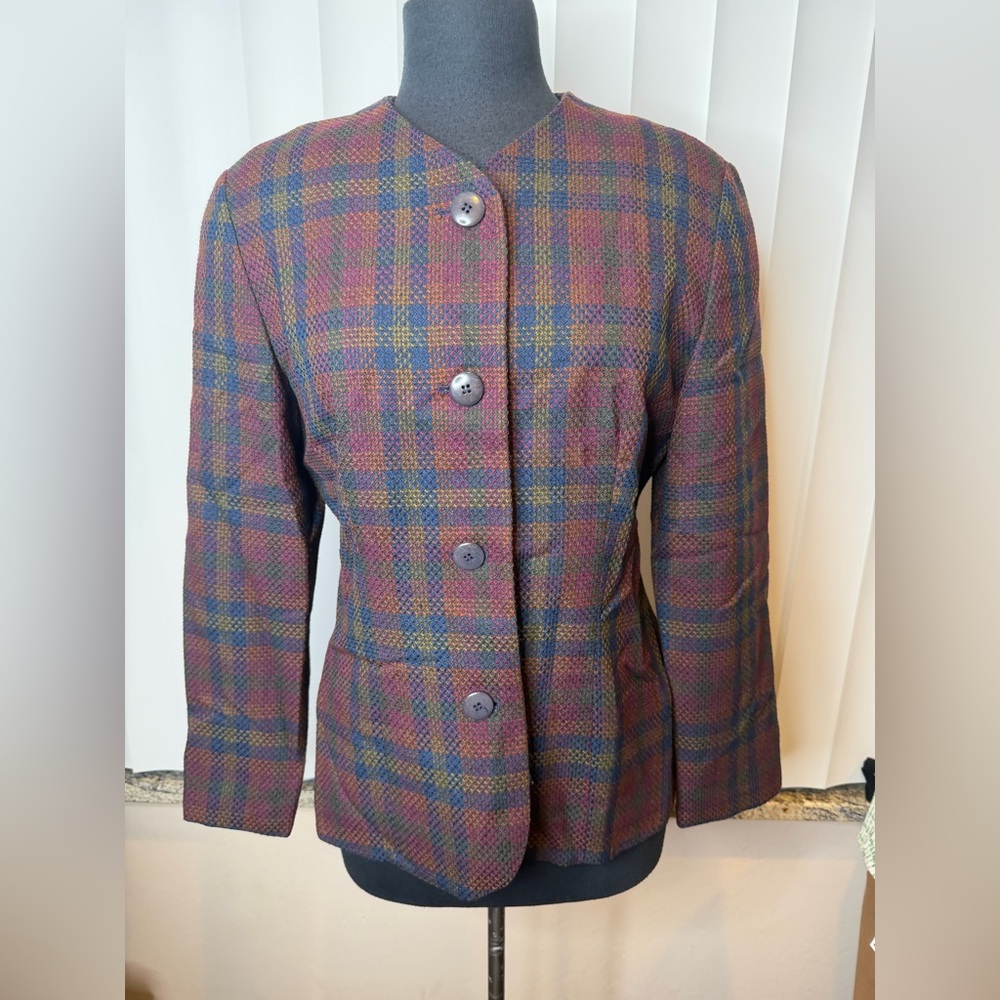 Vintage Austin Reed Plaid Burgundy Blue 100% Wool Women's Jacket Size 8